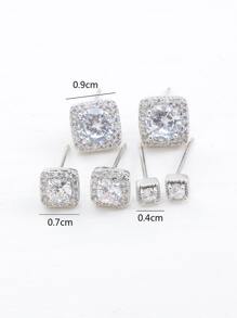 3pairs Cubic Zirconia Geometric Design Stud Earrings - Silver - View 5