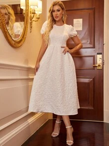 Modelyn Puff Sleeve Solid A-line Dress - White - View 6