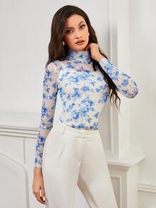 BizChic Floral Print High Neck Mesh Top Without Camisole Workwear - Blue and White - View 3