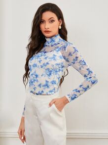 BizChic Floral Print High Neck Mesh Top Without Camisole Workwear - Blue and White - View 4