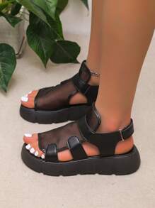 Women Cut Out Slingback Wedge Sandals, Fashionable Summer Mesh Breathable Flat Sandals