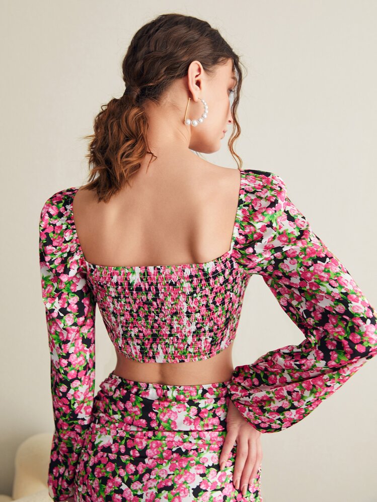 SHEIN VCAY Allover Floral Print Shirred Back Lantern Sleeve Blouse - Multicolor - View 2