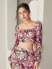 SHEIN VCAY Allover Floral Print Shirred Back Lantern Sleeve Blouse - Multicolor - View 3