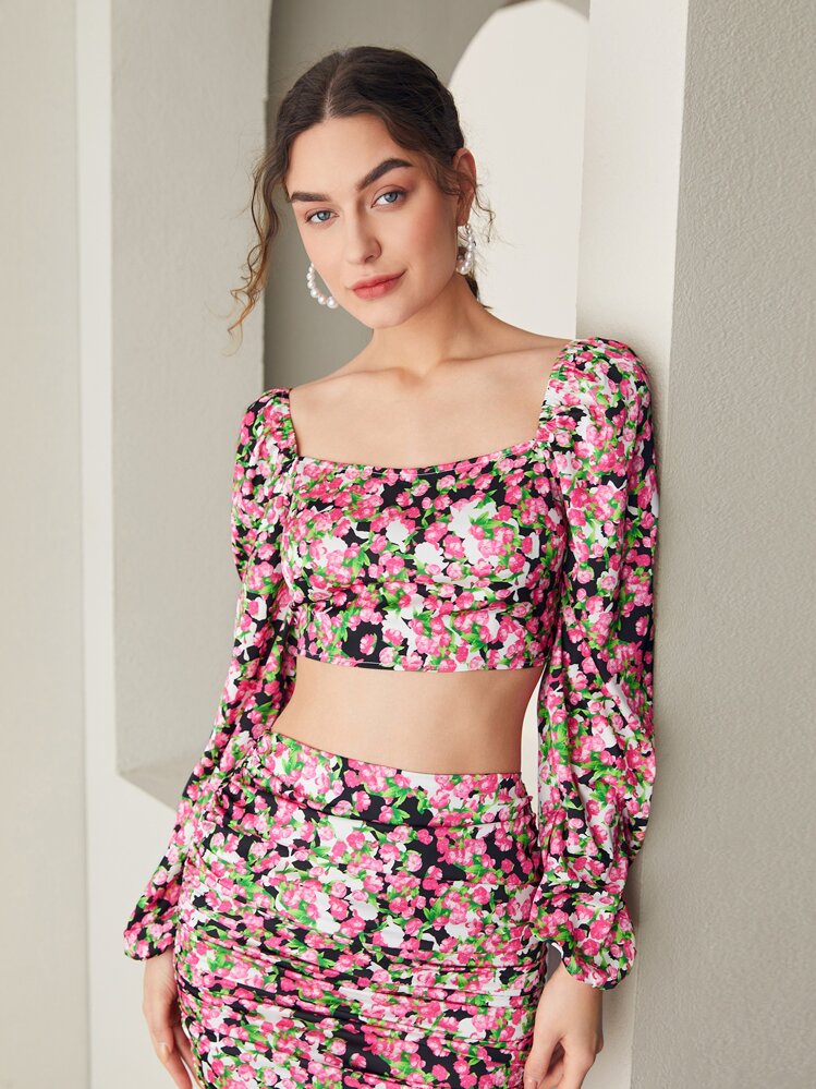 SHEIN VCAY Allover Floral Print Shirred Back Lantern Sleeve Blouse - Multicolor - View 3