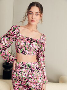 SHEIN VCAY Allover Floral Print Shirred Back Lantern Sleeve Blouse - Multicolor - View 5
