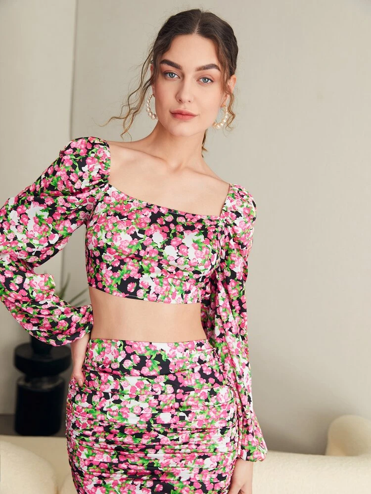 SHEIN VCAY Allover Floral Print Shirred Back Lantern Sleeve Blouse - Multicolor - View 5