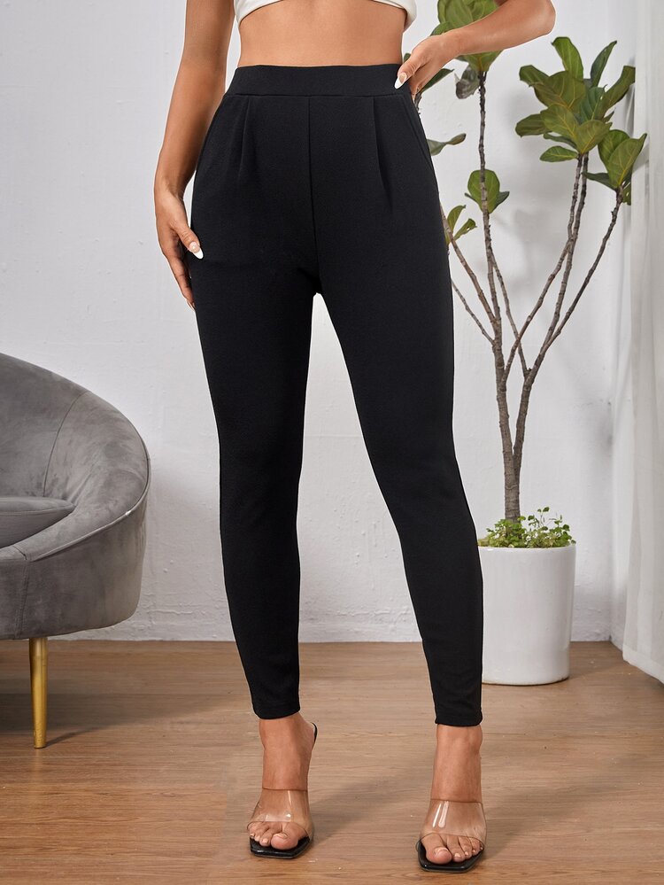 SHEIN PETITE Solid Slant Pocket Skinny Pants - Black - View 4