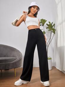 SHEIN PETITE Quần cạp cao túi xéo - màu đen - Xem 3