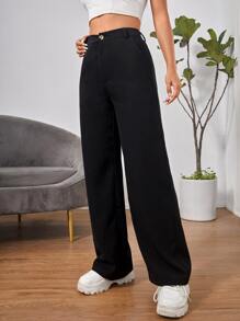 SHEIN PETITE Quần cạp cao túi xéo - màu đen - Xem 4