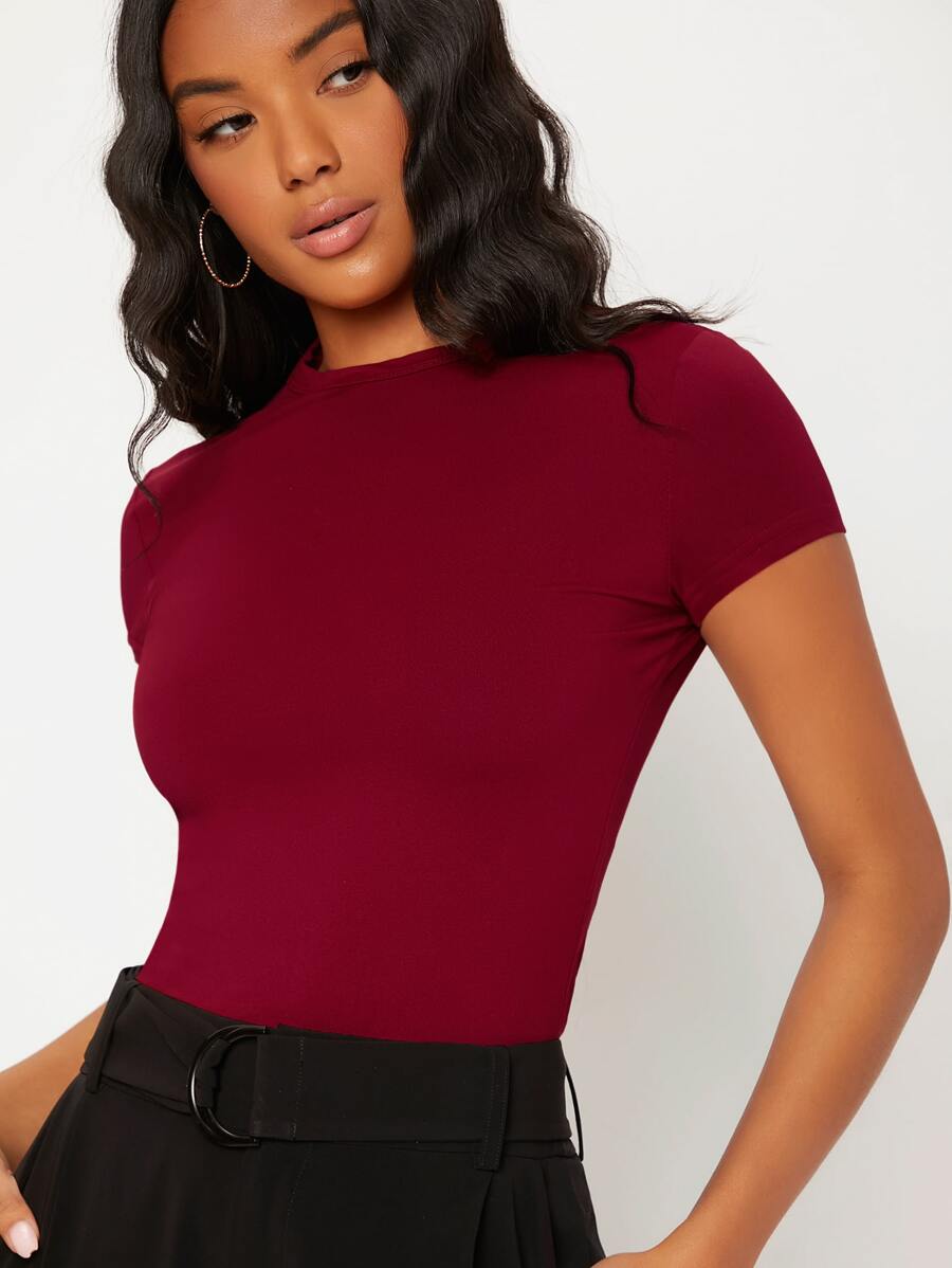 SHEIN BASICS Solid Round Neck Slim Tee/Summer - Maroon - View 1