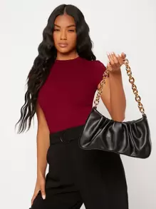 SHEIN BASICS 纯色圆领修身 T 恤 - 紫紅色 - 查看 3