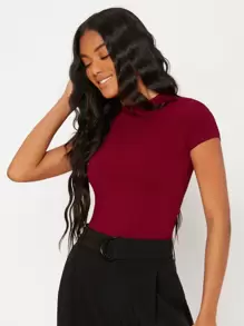 SHEIN BASICS 纯色圆领修身 T 恤 - 紫紅色 - 查看 4