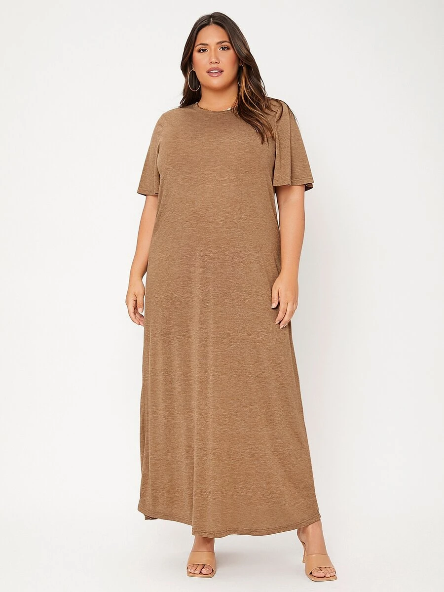 SHEIN BASICS Vestido estilo camiseta de manga mariposa - Marrón - Ver 1