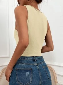 SHEIN LUNE Solid Rib Knit Tank Top - Apricot - View 2