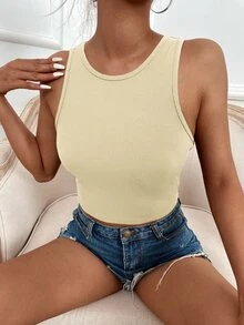 SHEIN LUNE Solid Rib Knit Tank Top - Apricot - View 4