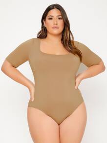 SHEIN BASICS Plus Square Neck Slim Fit Bodysuit - Camel - View 5