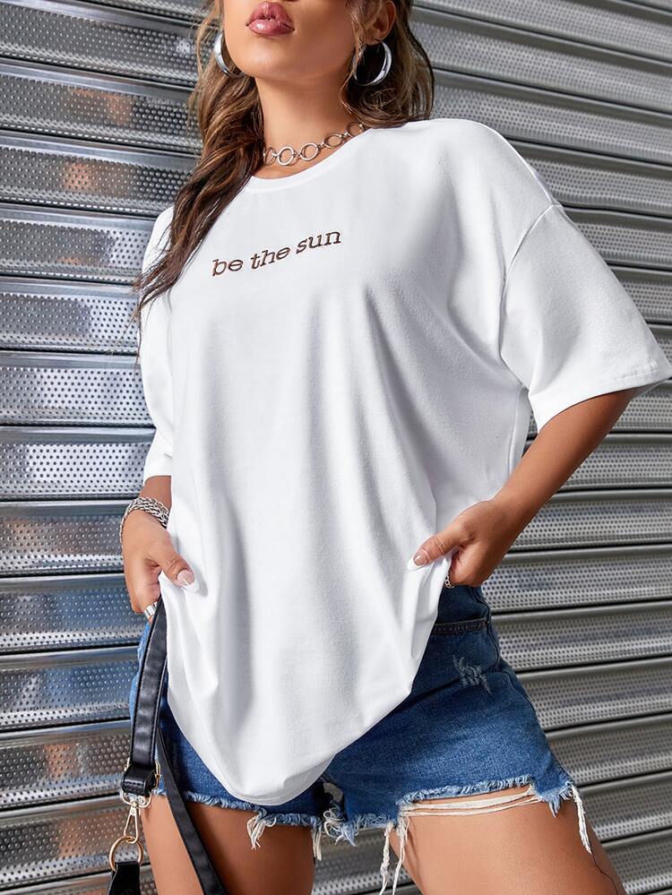Slogan Embroidered Drop Shoulder Tee - White - View 3
