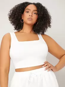 SHEIN BASICS Plus Size Women Solid Crop Tank Top - White - View 1