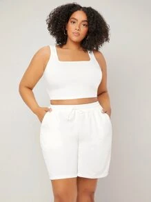 SHEIN BASICS Plus Size Women Solid Crop Tank Top - White - View 3