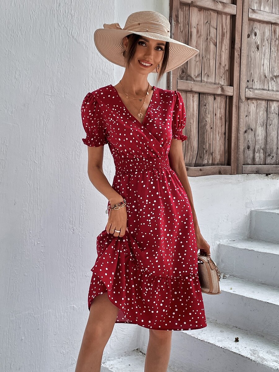 SHEIN Clasi Women Dresses Ruffle Hem Shirred Polka Dot Boho - Red and White - View 1