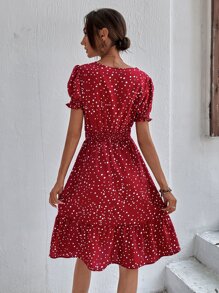 SHEIN Clasi Women Dresses Ruffle Hem Shirred Polka Dot Boho - Red and White - View 2