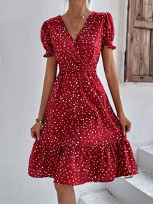 SHEIN Clasi Women Dresses Ruffle Hem Shirred Polka Dot Boho - Red and White - View 3