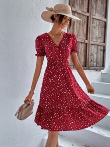 SHEIN Clasi Women Dresses Ruffle Hem Shirred Polka Dot Boho - Red and White - View 5