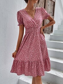 SHEIN LUNE 波點圖案泡泡袖A字連衣裙 - 藕粉色 - 查看 1
