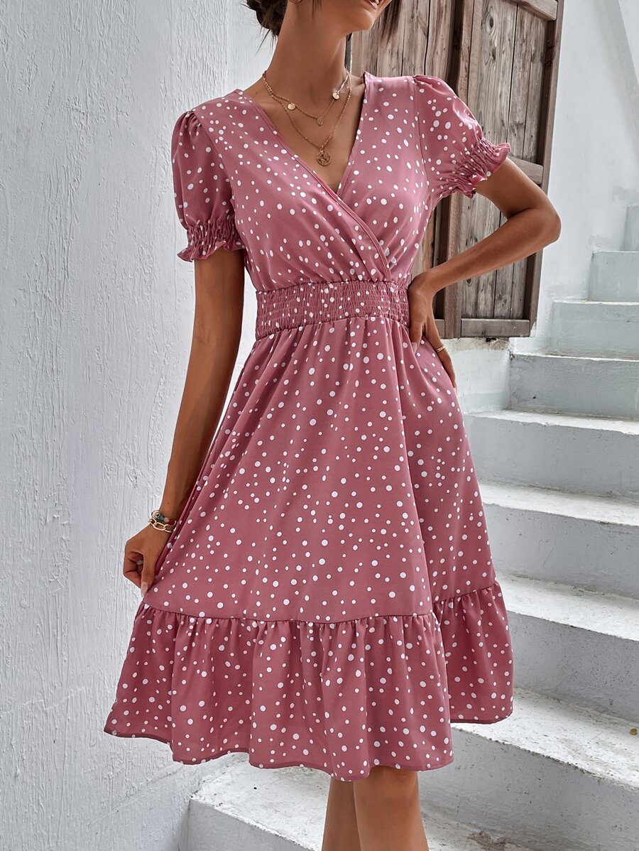 SHEIN LUNE 波點圖案泡泡袖A字連衣裙 - 藕粉色 - 查看 1