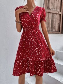 SHEIN Clasi Women Dresses Ruffle Hem Shirred Polka Dot Boho - Red and White - View 6