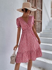 SHEIN LUNE 波點圖案泡泡袖A字連衣裙 - 藕粉色 - 查看 3