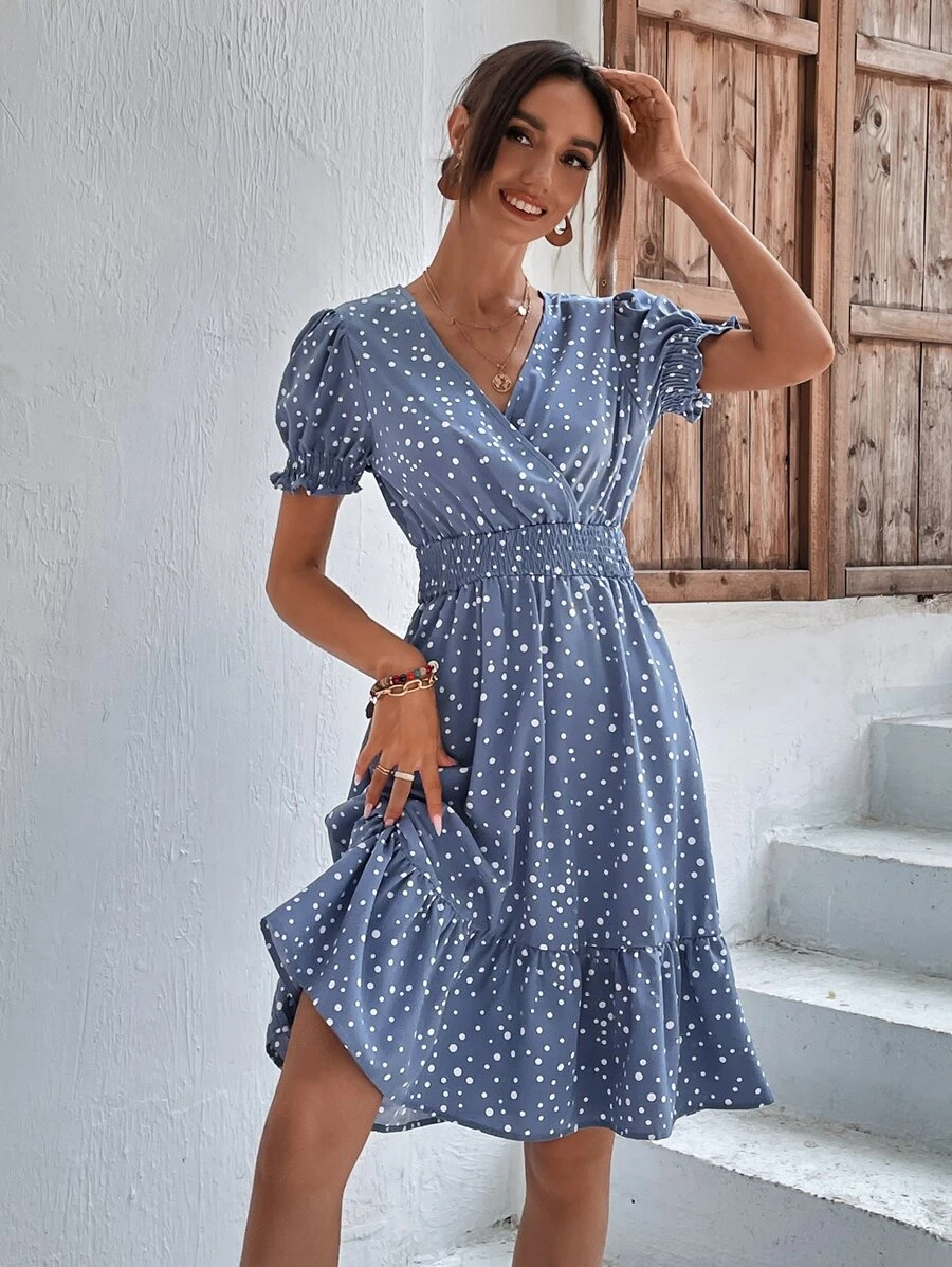 SHEIN LUNE 滿版印花泡泡袖A字連衣裙 - 霧霾藍 - 查看 1