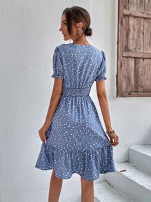 SHEIN LUNE 滿版印花泡泡袖A字連衣裙 - 霧霾藍 - 查看 2