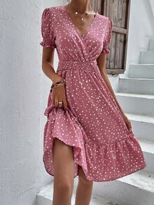 SHEIN LUNE 波點圖案泡泡袖A字連衣裙 - 藕粉色 - 查看 4