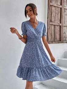 SHEIN LUNE 滿版印花泡泡袖A字連衣裙 - 霧霾藍 - 查看 3