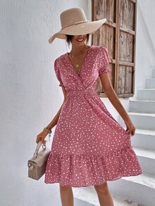 SHEIN LUNE 波點圖案泡泡袖A字連衣裙 - 藕粉色 - 查看 5