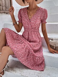 SHEIN LUNE 波點圖案泡泡袖A字連衣裙 - 藕粉色 - 查看 6