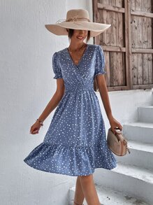 SHEIN LUNE 滿版印花泡泡袖A字連衣裙 - 霧霾藍 - 查看 4