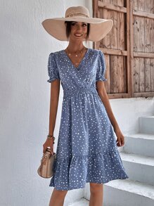 SHEIN LUNE 滿版印花泡泡袖A字連衣裙 - 霧霾藍 - 查看 6