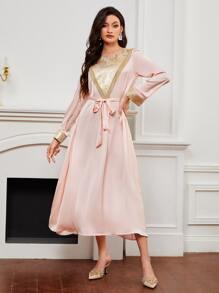 SHEIN Floral Print Patched Belted Arabian Dress - Baby Pink - View 1