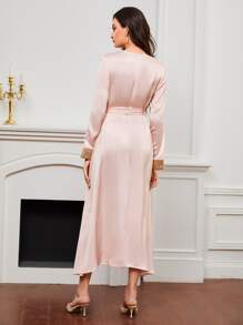 SHEIN Floral Print Patched Belted Arabian Dress - Baby Pink - View 2