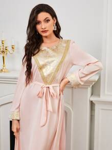 SHEIN Floral Print Patched Belted Arabian Dress - Baby Pink - View 3