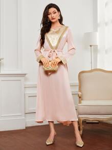 SHEIN Floral Print Patched Belted Arabian Dress - Baby Pink - View 4