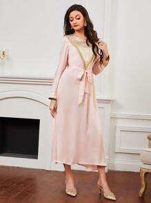 SHEIN Floral Print Patched Belted Arabian Dress - Baby Pink - View 6