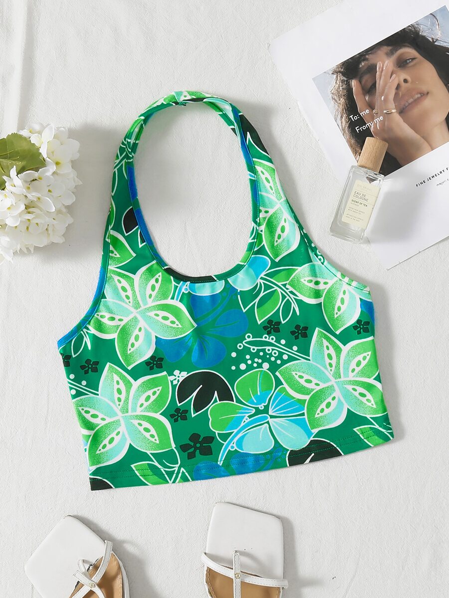 Floral Print Crop Halter Top - Multicolor - View 1