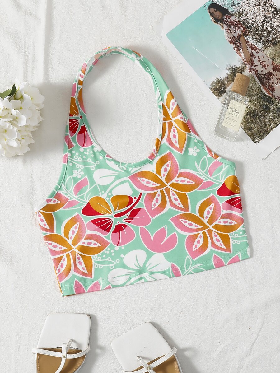 Floral Print Crop Halter Top - Multicolor - View 1