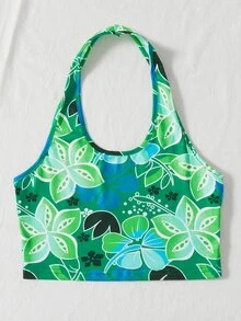 Floral Print Crop Halter Top - Multicolor - View 3