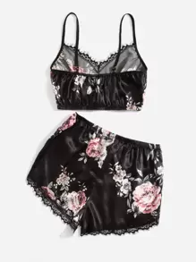 花卉圖案睫毛蕾絲邊缎面睡衣套装 - 彩色 - 查看 2