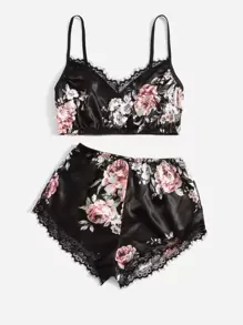 花卉圖案睫毛蕾絲邊缎面睡衣套装 - 彩色 - 查看 3