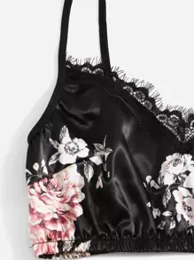 花卉圖案睫毛蕾絲邊缎面睡衣套装 - 彩色 - 查看 4